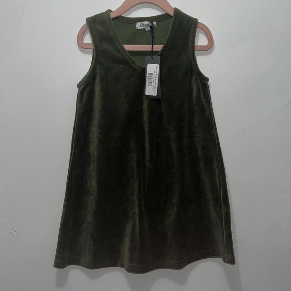 Kin kin velour v neck jumper dress green size 4y